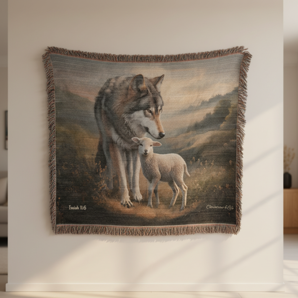 Wolf and Lamb Peaceful Christian Heirloom Woven Blanket Tapestry - Isaiah 11:6