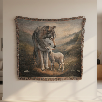 Wolf and Lamb Peaceful Christian Heirloom Woven Blanket Tapestry - Isaiah 11:6
