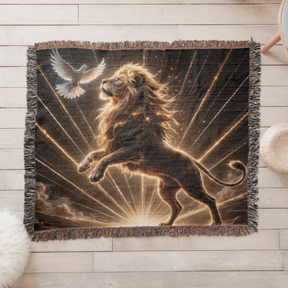 Lion of Judah and Holy Spirit with Golden Rays Heirloom Woven Blanket
