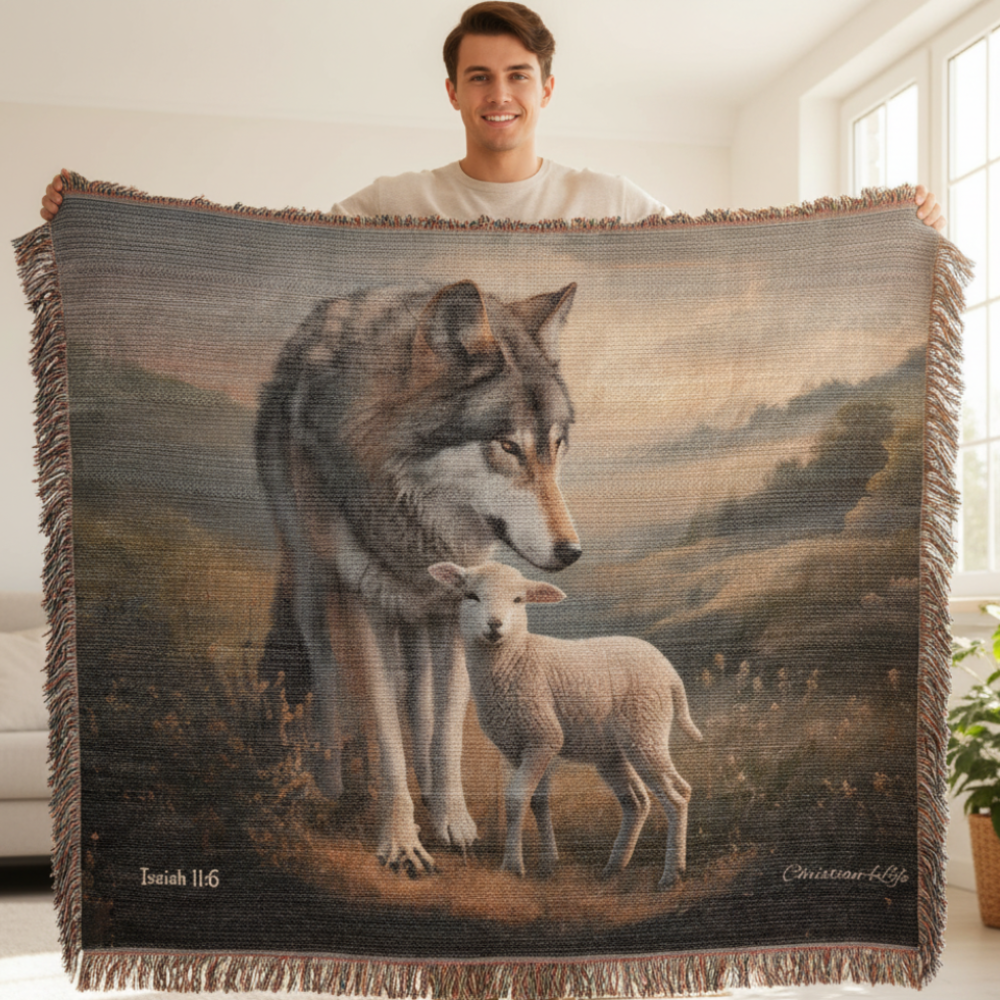Wolf and Lamb Peaceful Christian Heirloom Woven Blanket Tapestry - Isaiah 11:6