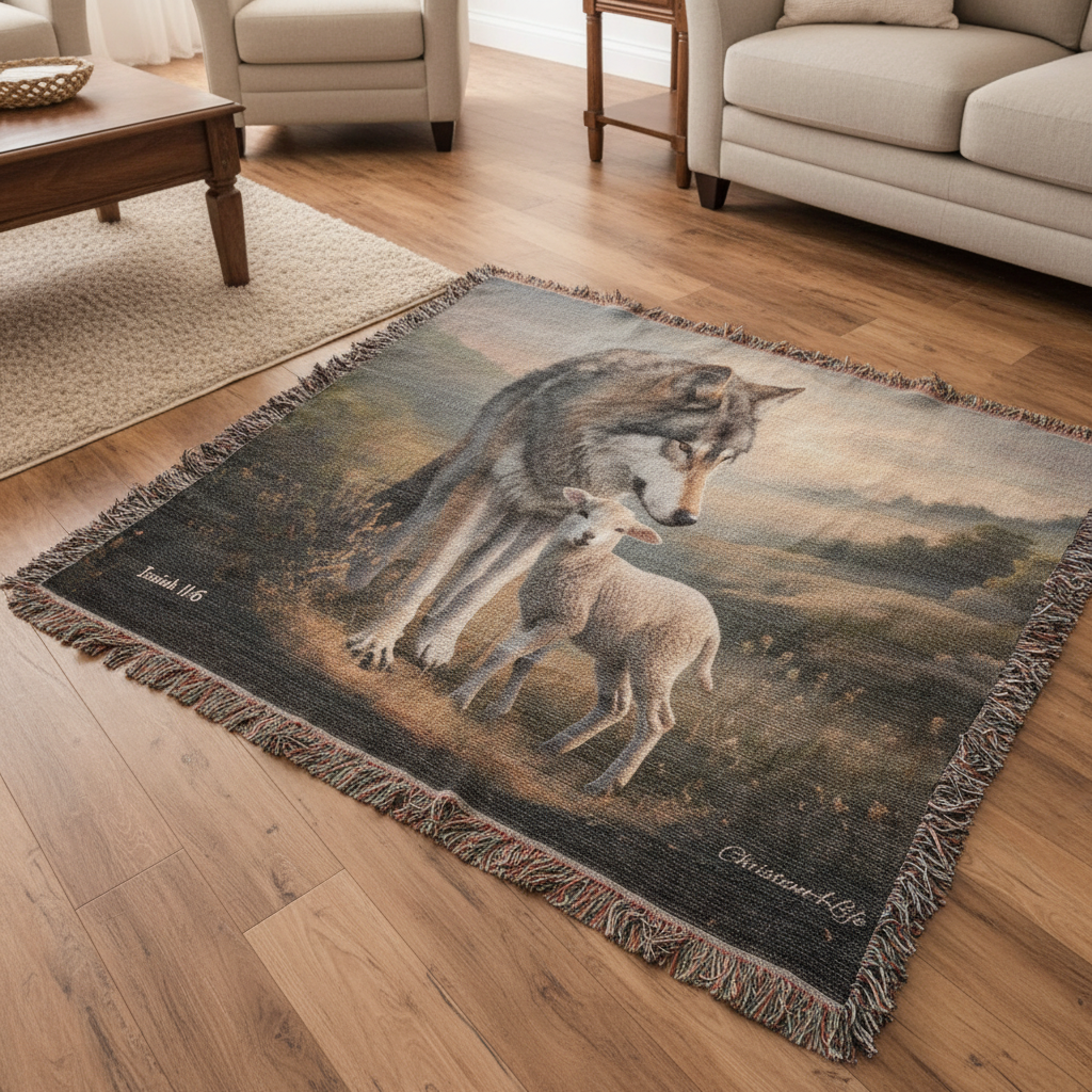 Wolf and Lamb Peaceful Christian Heirloom Woven Blanket Tapestry - Isaiah 11:6