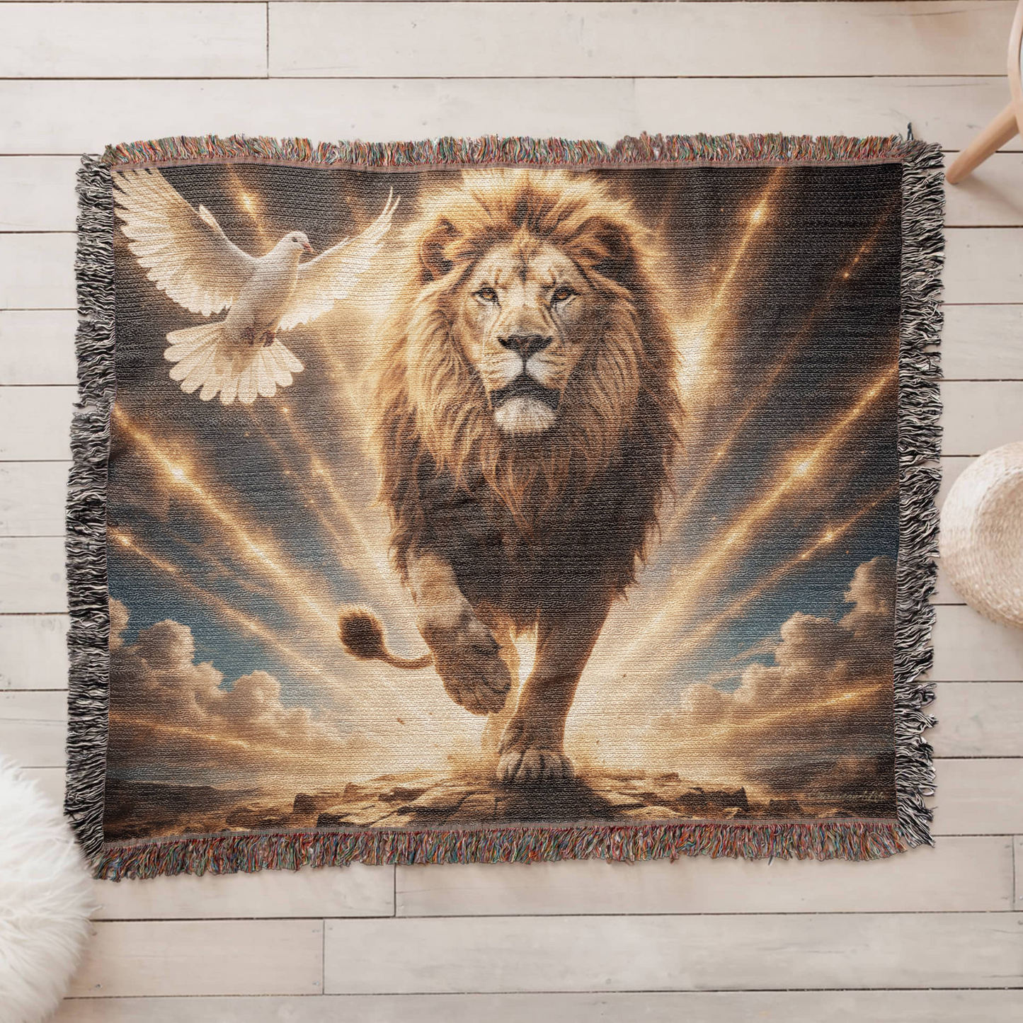 Lion of Judah, Holy Spirit, Clouds and Golden Rays- Heirloom Woven Blanket