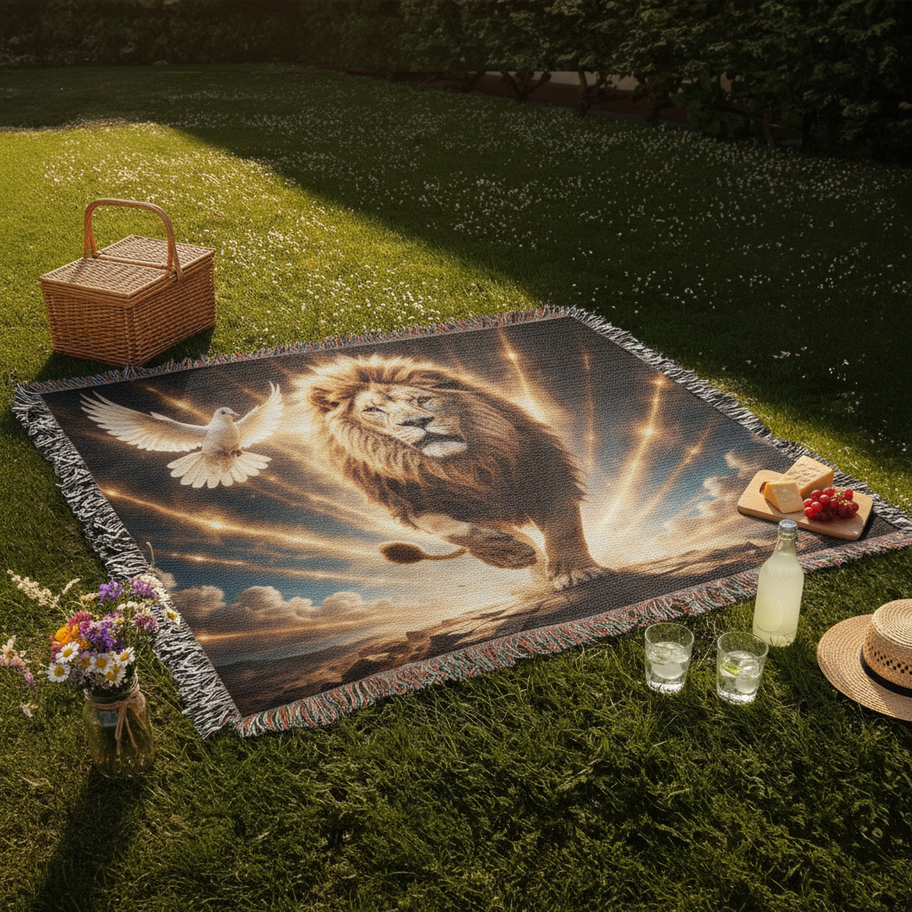 Lion of Judah, Holy Spirit, Clouds and Golden Rays- Heirloom Woven Blanket