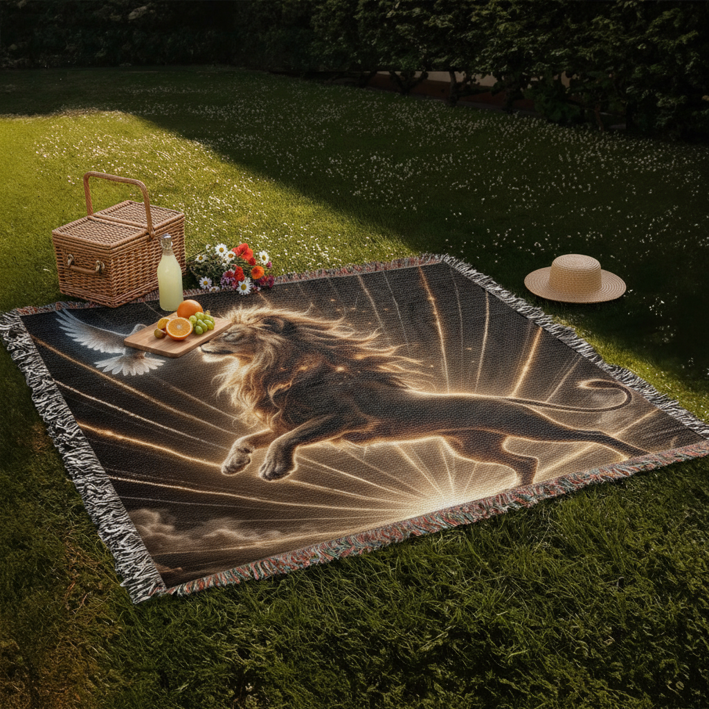 Lion of Judah and Holy Spirit with Golden Rays Heirloom Woven Blanket