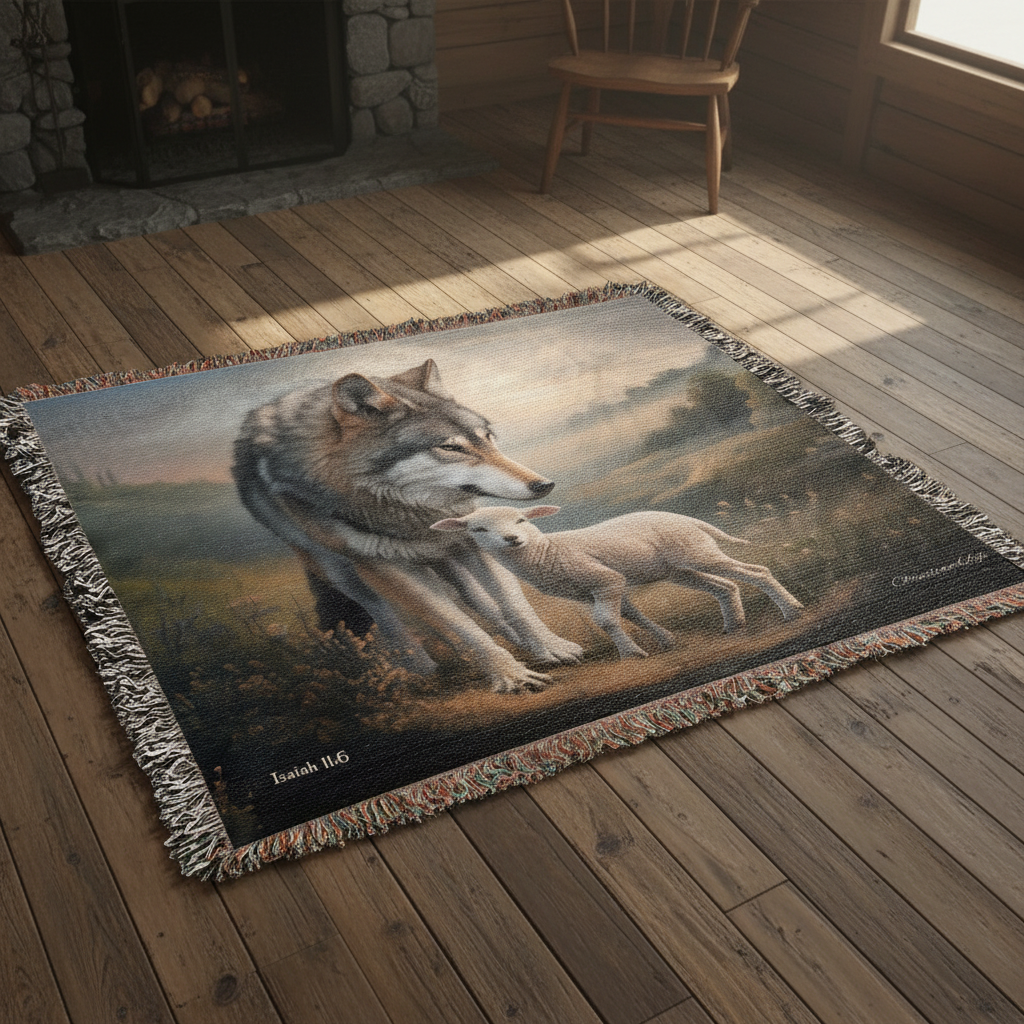 Wolf and Lamb Peaceful Christian Heirloom Woven Blanket Tapestry - Isaiah 11:6