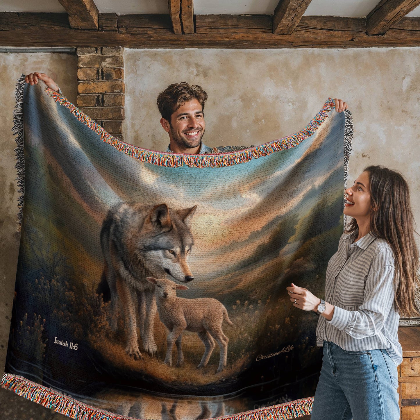 Wolf and Lamb Christian Heirloom Woven Blanket Tapestry - Isaiah 11:6