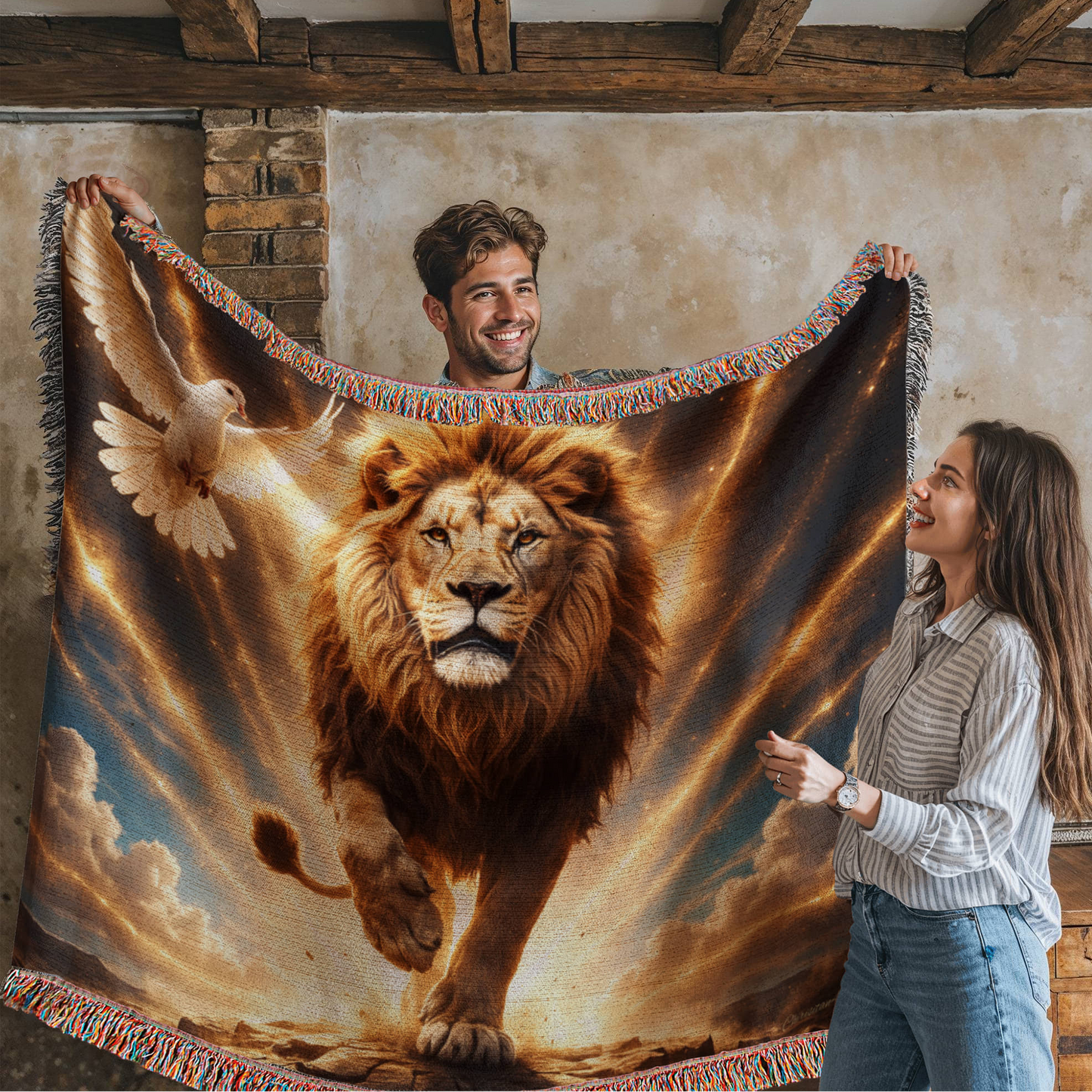 Lion of Judah, Holy Spirit, Clouds and Golden Rays- Heirloom Woven Blanket
