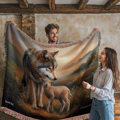 Wolf and Lamb Peaceful Christian Heirloom Woven Blanket Tapestry - Isaiah 11:6