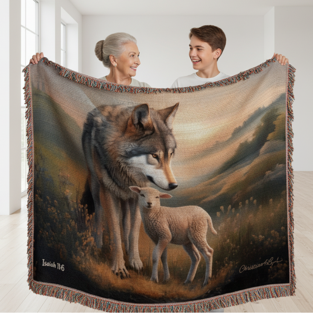 Wolf and Lamb Peaceful Christian Heirloom Woven Blanket Tapestry - Isaiah 11:6