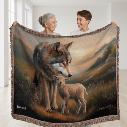Wolf and Lamb Peaceful Christian Heirloom Woven Blanket Tapestry - Isaiah 11:6