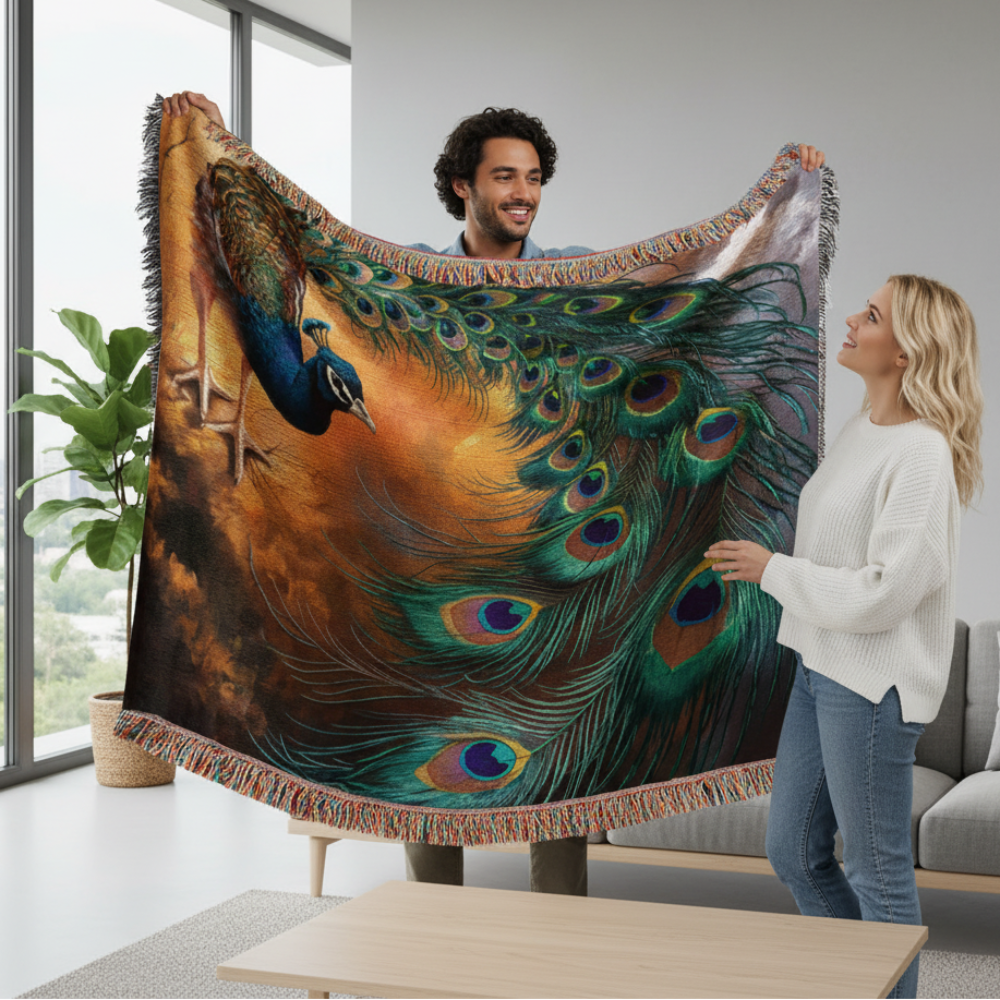 Peacock Heirloom Woven Blanket - Tapestry Decorative art print - a vibrant and elegant statement Peacock art piece