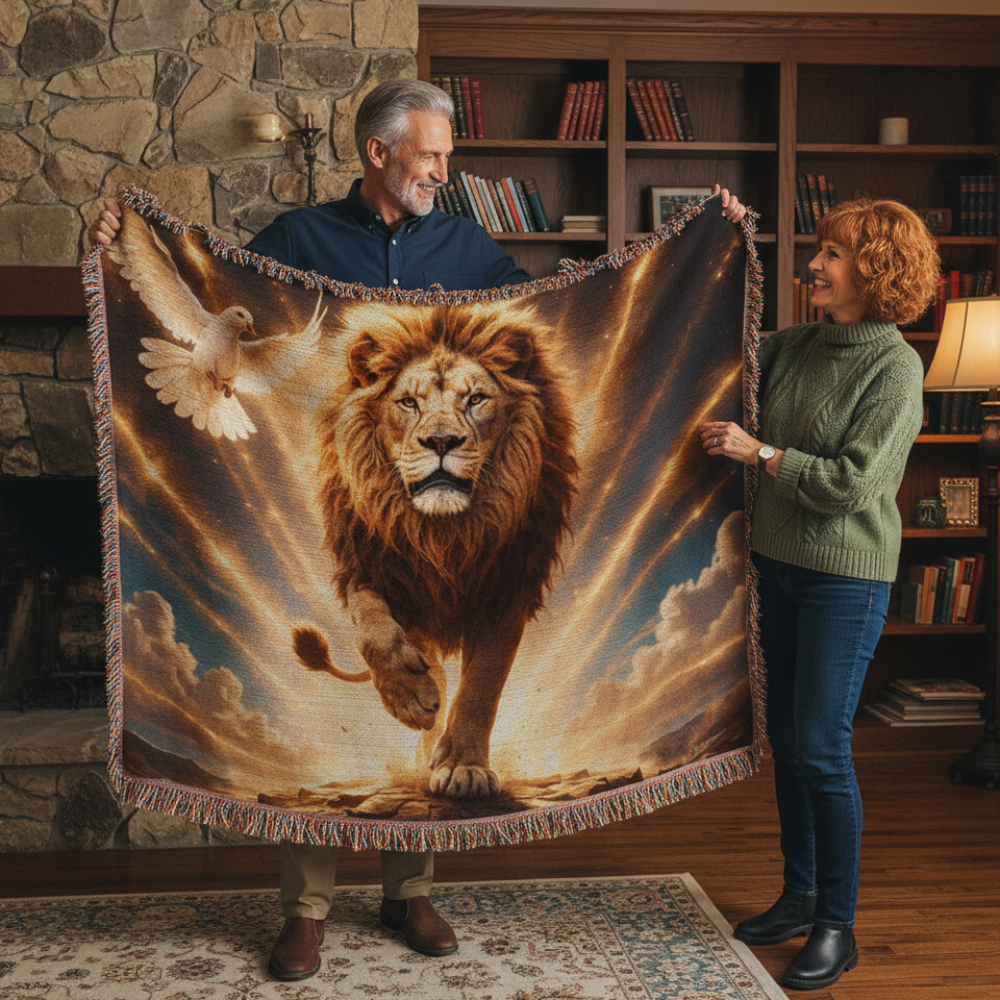 Lion of Judah, Holy Spirit, Clouds and Golden Rays- Heirloom Woven Blanket