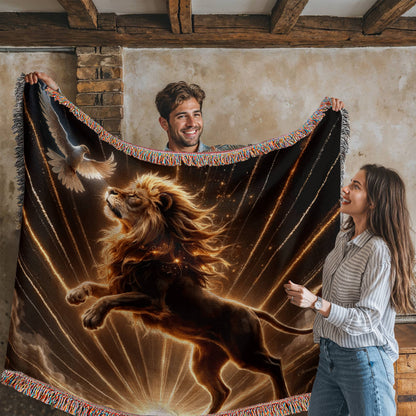 Lion of Judah and Holy Spirit with Golden Rays Heirloom Woven Blanket