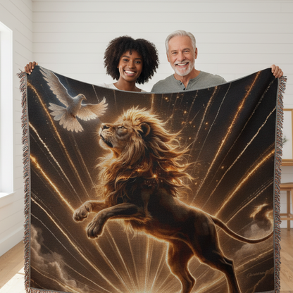 Lion of Judah and Holy Spirit with Golden Rays Heirloom Woven Blanket