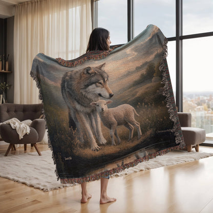Wolf and Lamb Christian Heirloom Woven Blanket Tapestry - Isaiah 11:6