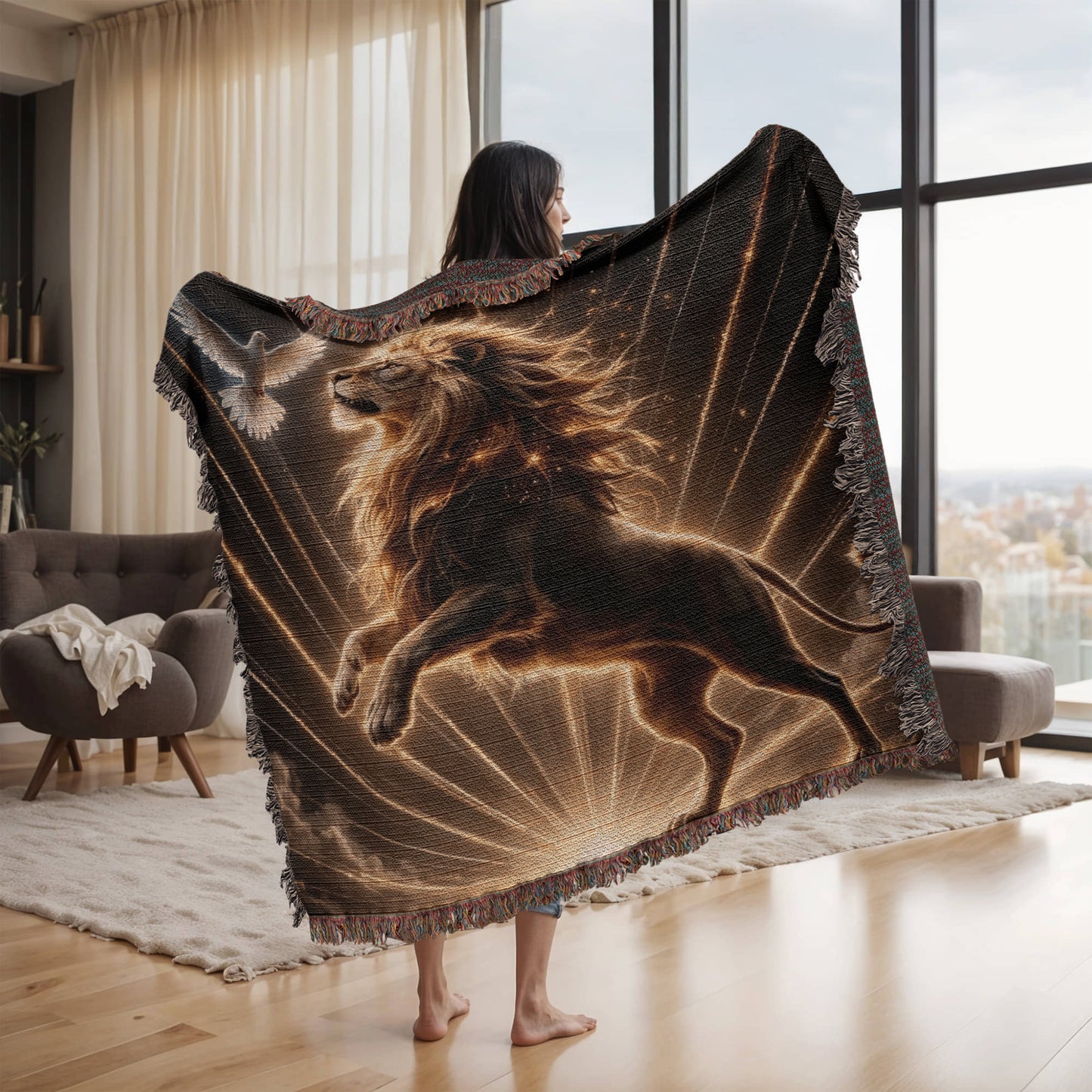 Lion of Judah and Holy Spirit with Golden Rays Heirloom Woven Blanket