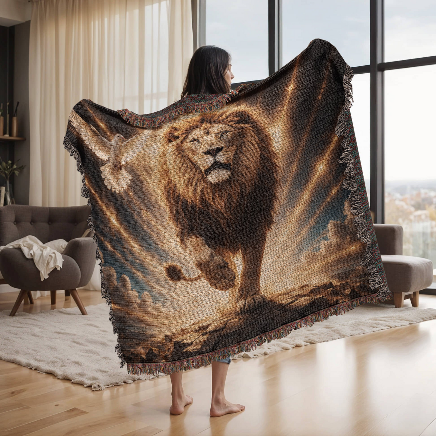 Lion of Judah, Holy Spirit, Clouds and Golden Rays- Heirloom Woven Blanket