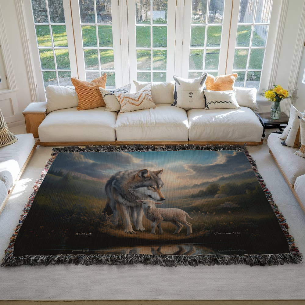 Wolf and Lamb Christian Heirloom Woven Blanket Tapestry - Isaiah 11:6