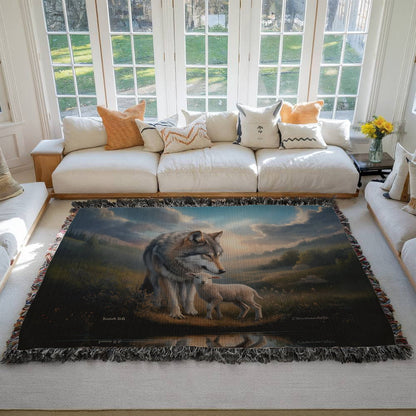 Wolf and Lamb Christian Heirloom Woven Blanket Tapestry - Isaiah 11:6