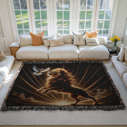 Lion of Judah and Holy Spirit with Golden Rays Heirloom Woven Blanket