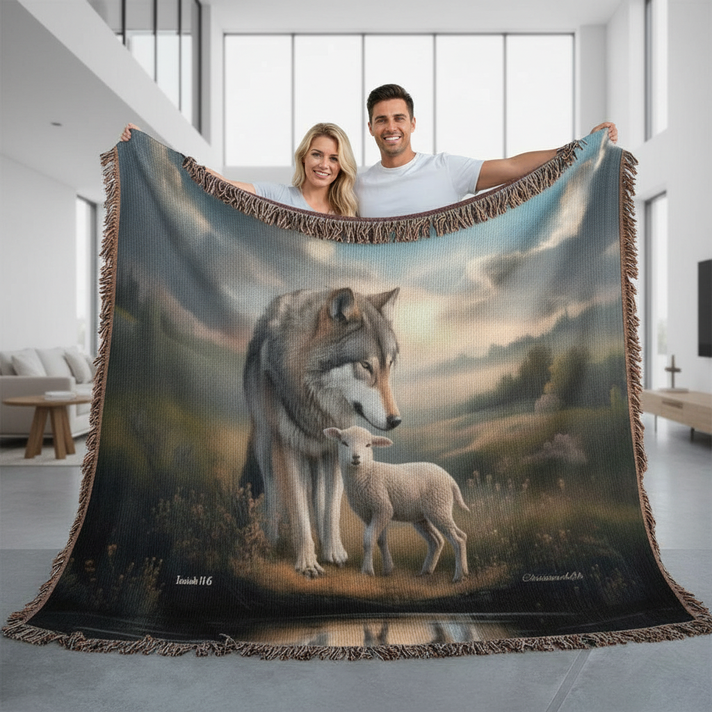 Wolf and Lamb Christian Heirloom Woven Blanket Tapestry - Isaiah 11:6
