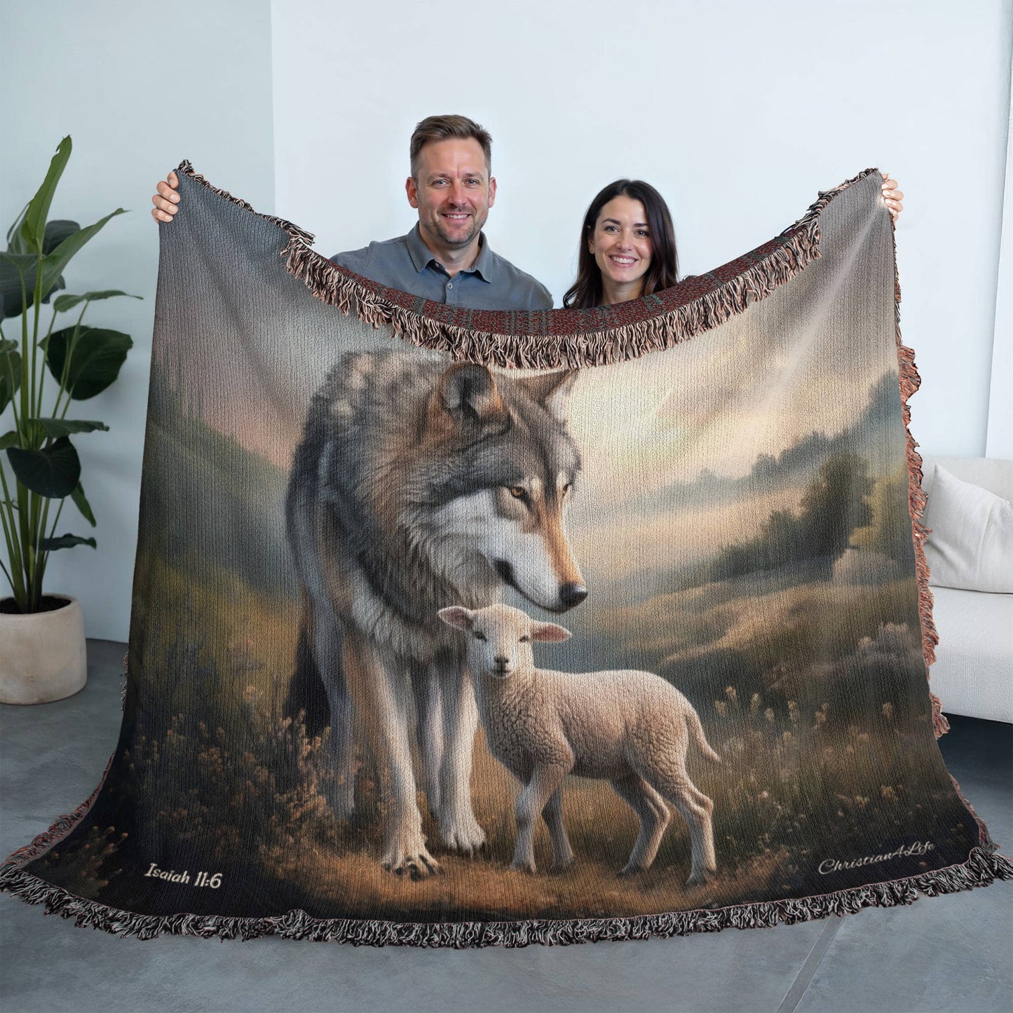 Wolf and Lamb Peaceful Christian Heirloom Woven Blanket Tapestry - Isaiah 11:6