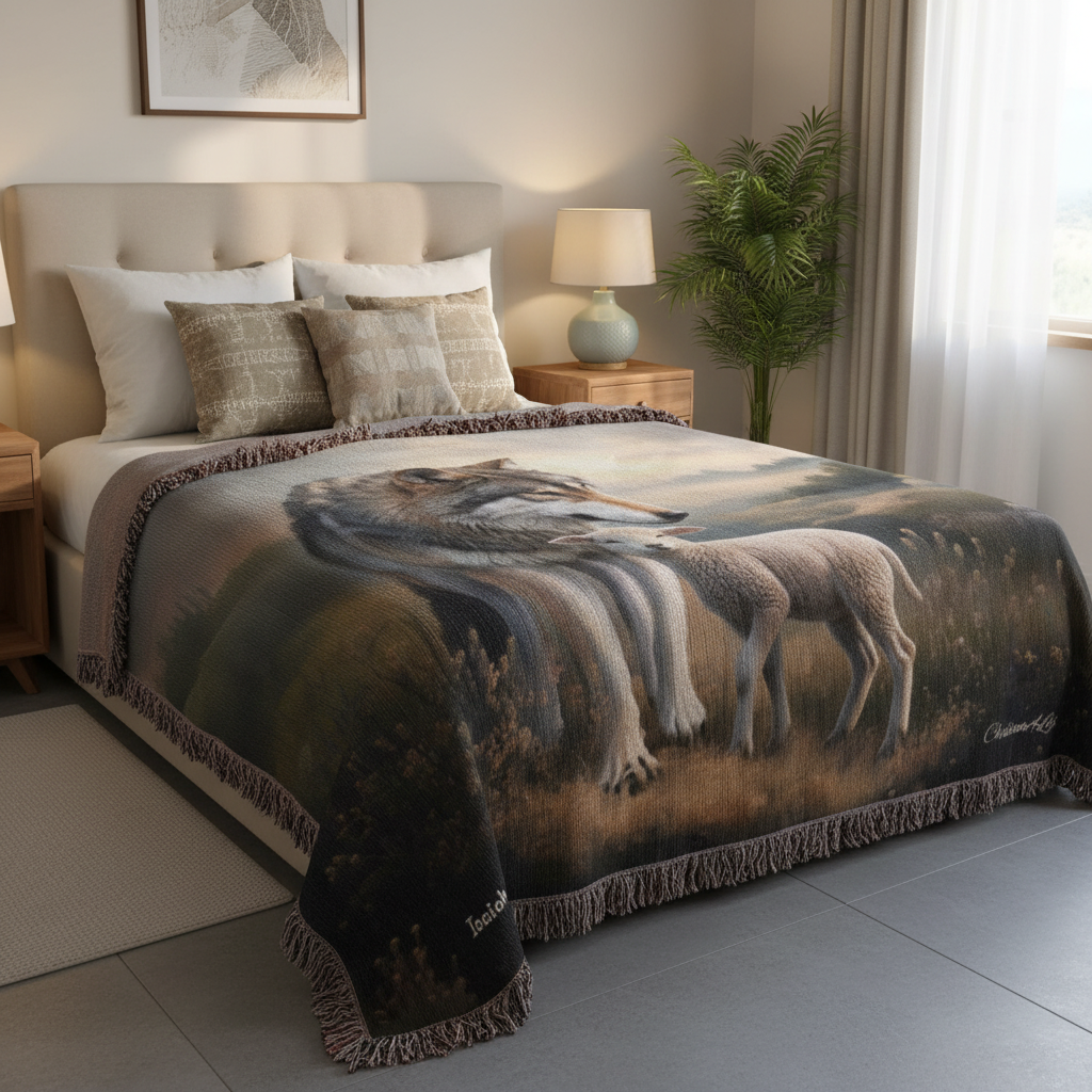 Wolf and Lamb Peaceful Christian Heirloom Woven Blanket Tapestry - Isaiah 11:6