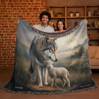 Wolf and Lamb Peaceful Christian Heirloom Woven Blanket Tapestry - Isaiah 11:6