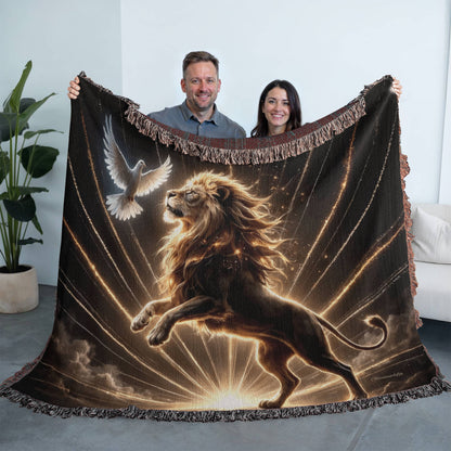 Lion of Judah and Holy Spirit with Golden Rays Heirloom Woven Blanket