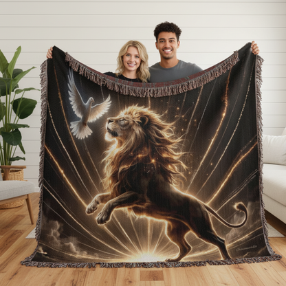 Lion of Judah and Holy Spirit with Golden Rays Heirloom Woven Blanket