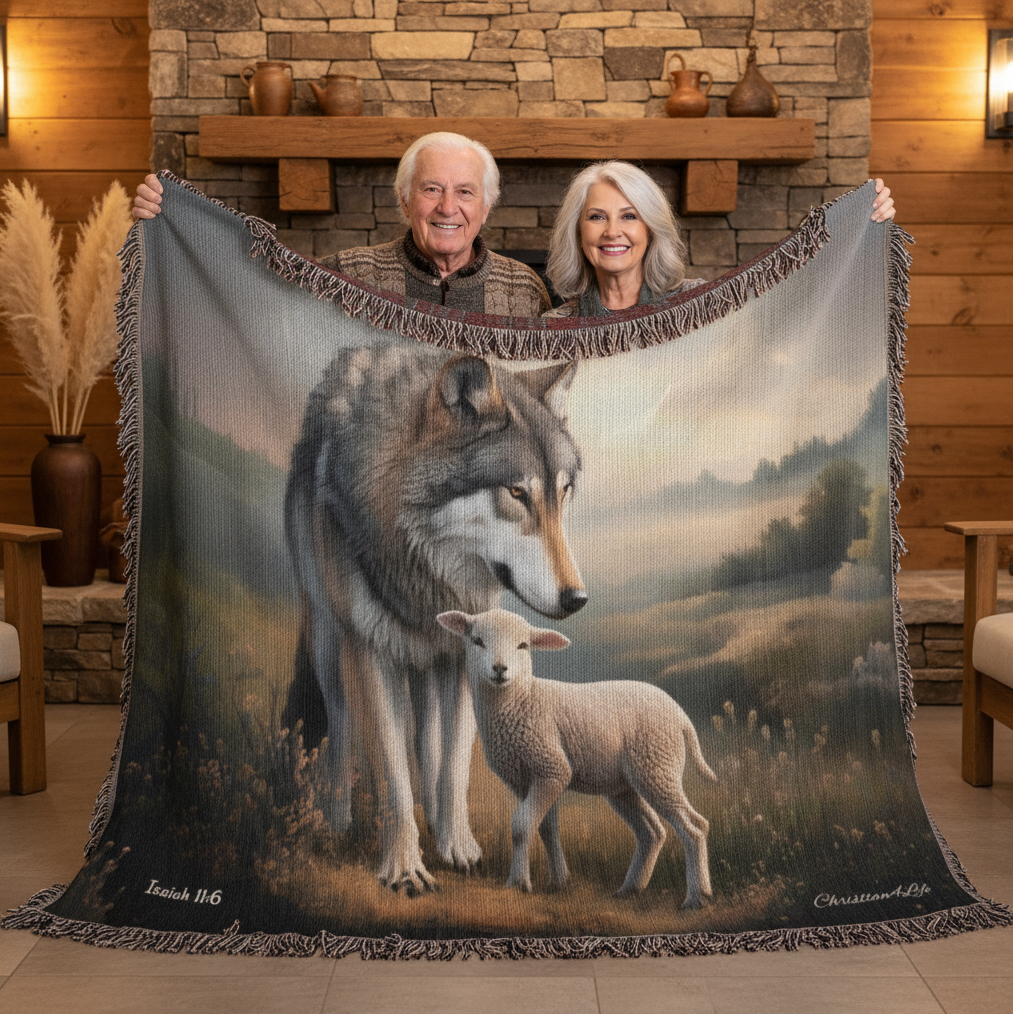 Wolf and Lamb Peaceful Christian Heirloom Woven Blanket Tapestry - Isaiah 11:6