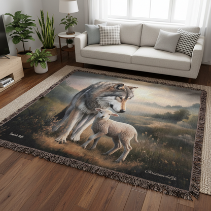 Wolf and Lamb Peaceful Christian Heirloom Woven Blanket Tapestry - Isaiah 11:6