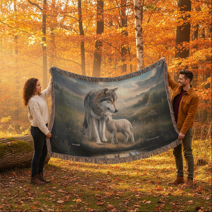 Wolf and Lamb Christian Heirloom Woven Blanket Tapestry - Isaiah 11:6