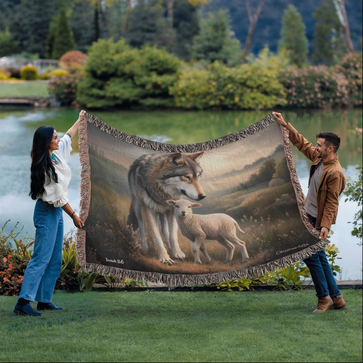Wolf and Lamb Peaceful Christian Heirloom Woven Blanket Tapestry - Isaiah 11:6