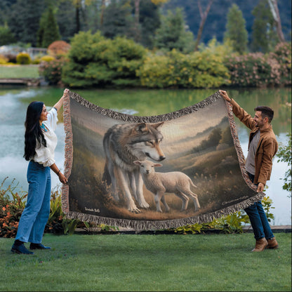 Wolf and Lamb Peaceful Christian Heirloom Woven Blanket Tapestry - Isaiah 11:6