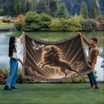 Lion of Judah and Holy Spirit with Golden Rays Heirloom Woven Blanket