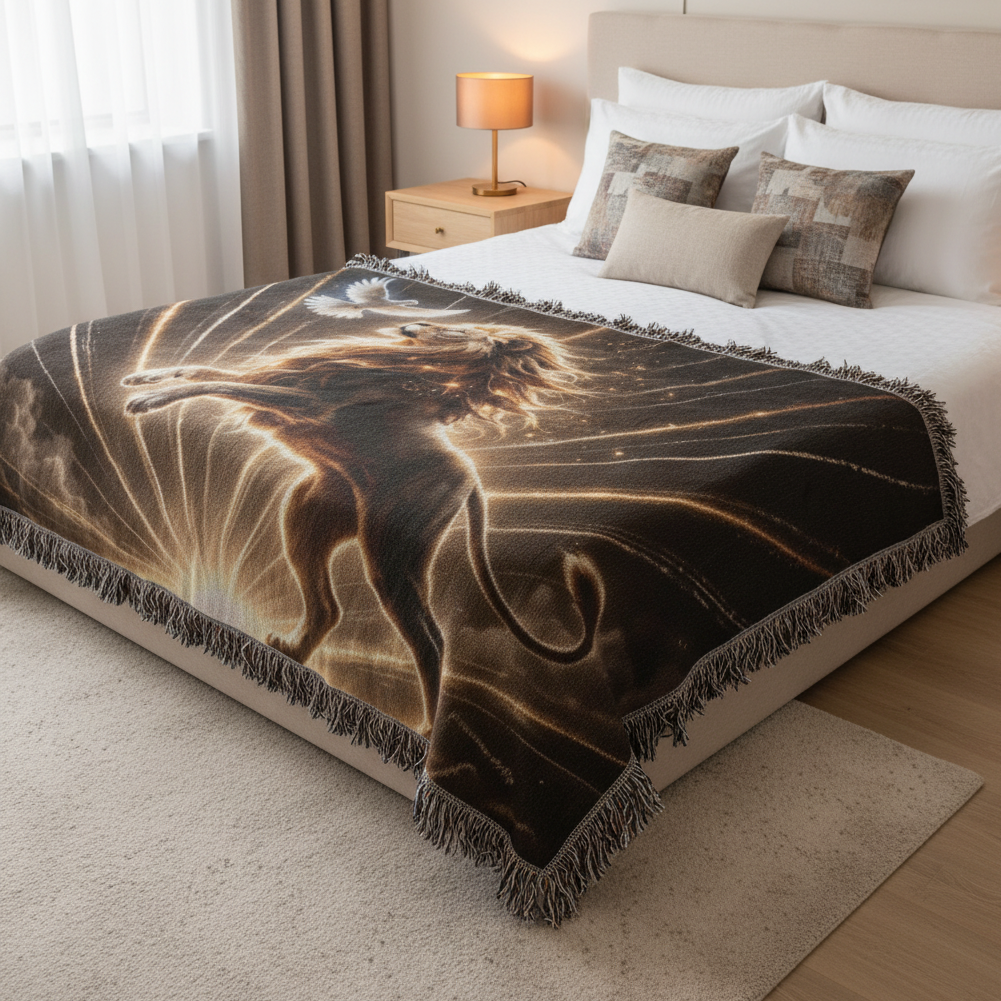 Lion of Judah and Holy Spirit with Golden Rays Heirloom Woven Blanket