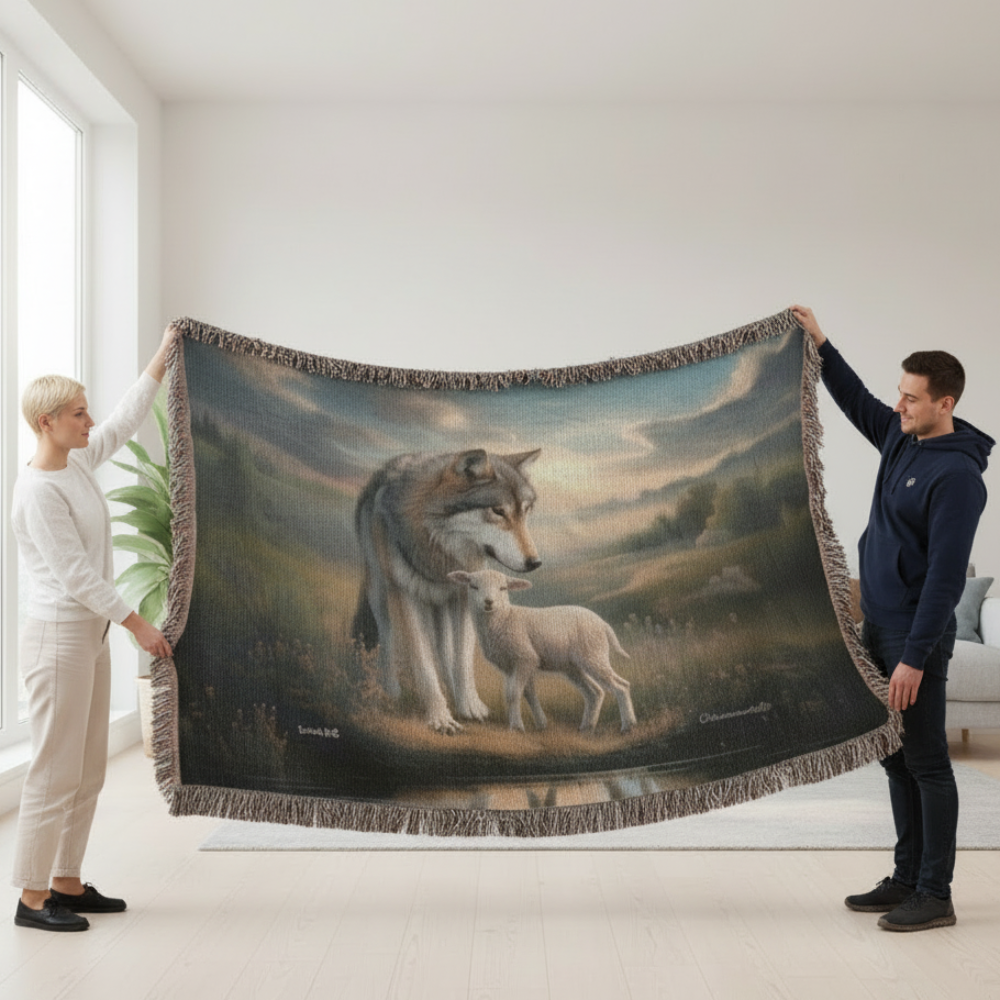 Wolf and Lamb Christian Heirloom Woven Blanket Tapestry - Isaiah 11:6