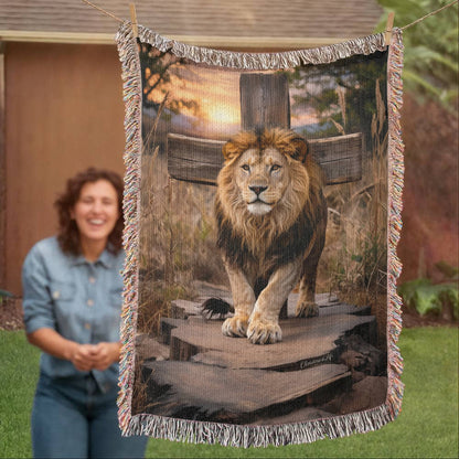 Lion of Judah and Cross Christian Heirloom Woven Blanket, Tapestry Throw Christian Blanket