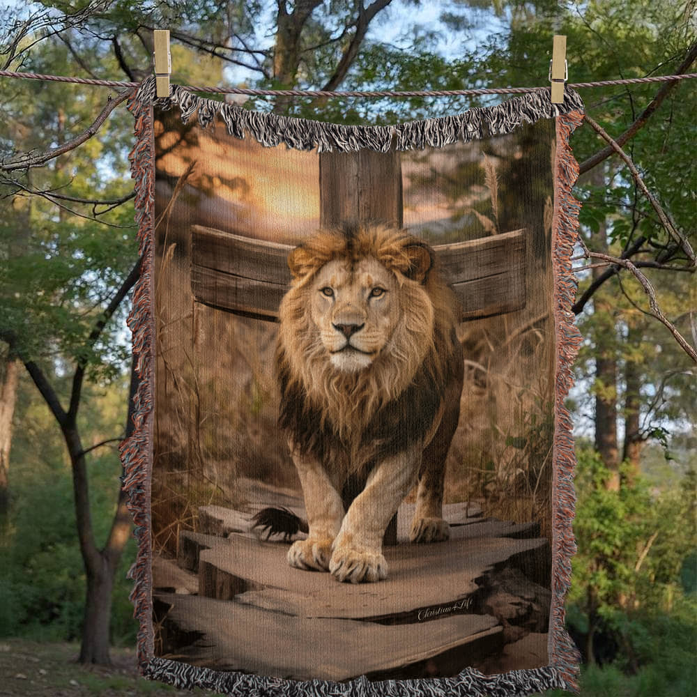 Lion of Judah and Cross Christian Heirloom Woven Blanket, Tapestry Throw Christian Blanket