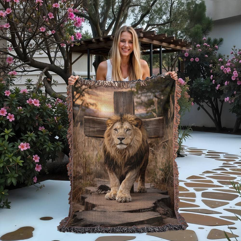 Lion of Judah and Cross Christian Heirloom Woven Blanket, Tapestry Throw Christian Blanket