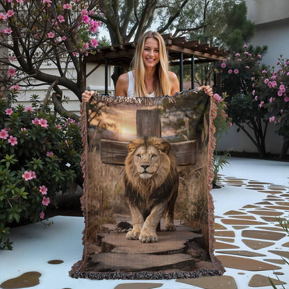 Lion of Judah and Cross Christian Heirloom Woven Blanket, Tapestry Throw Christian Blanket