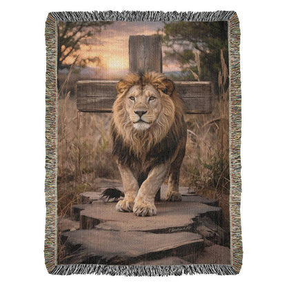 Lion of Judah and Cross Christian Heirloom Woven Blanket, Tapestry Throw Christian Blanket
