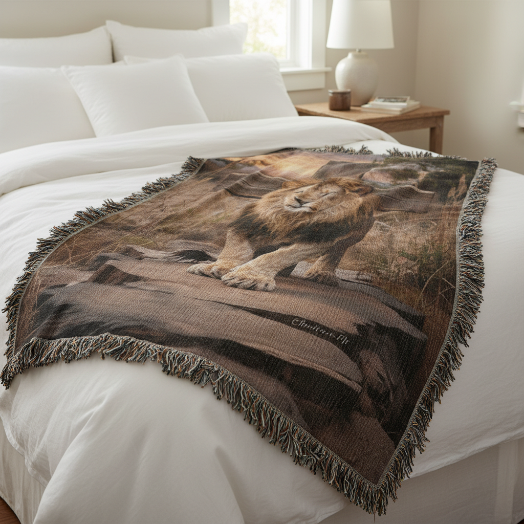 Lion-themed blanket on a bed in a bedroom setting