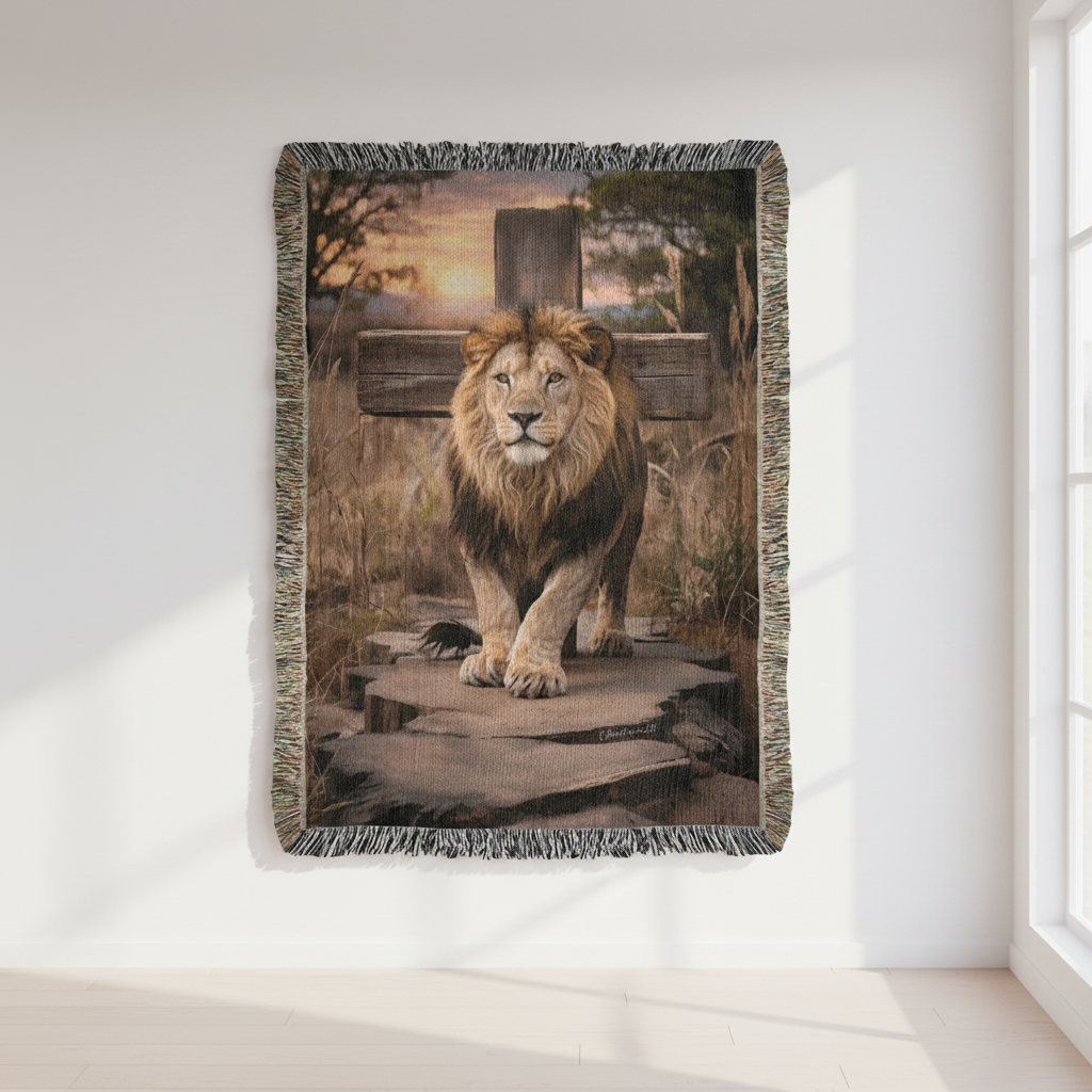 Blanket with a lion design hanging on a wall