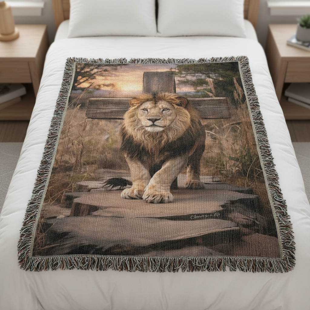 Lion blanket on a bed with a scenic design