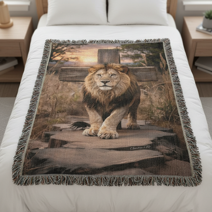 Lion blanket on a bed with a scenic design