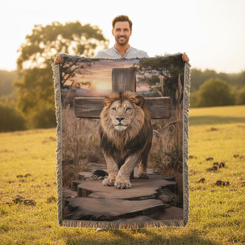 Man holding a blanket with a lion design in a natural setting