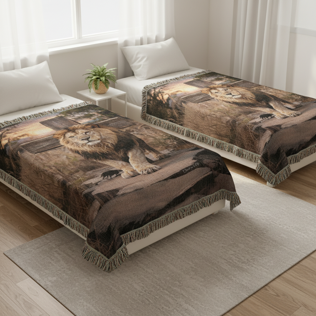 Two lion-themed blankets draped over a sofa in a living room setting.