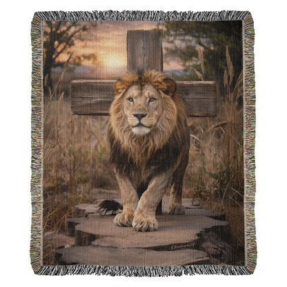 Lion of Judah and Cross Christian Heirloom Woven Blanket, Tapestry Throw Christian Blanket